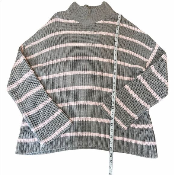 NWT CASLON Grey&Pink Striped Heavy Knit High Neck Wide Sleeve Loose Long Sweater - Picture 7 of 9